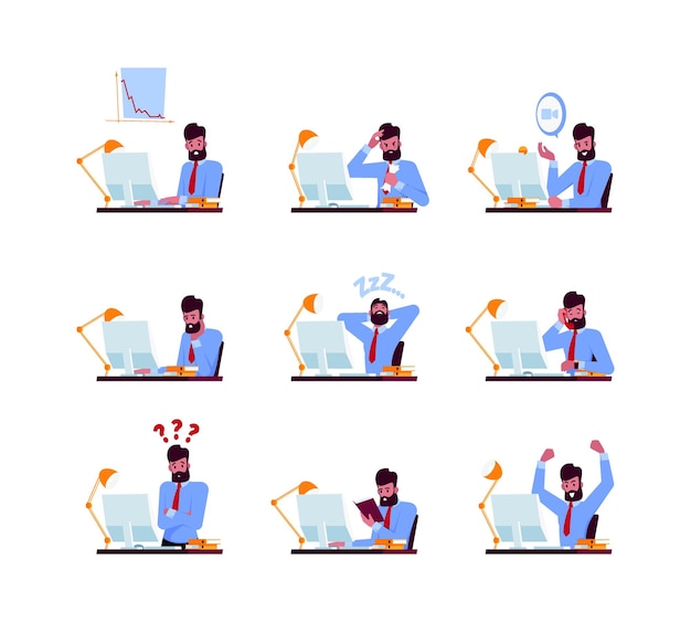 Freelance at laptop Business place with monitor person sitting at table and working professional workplace garish vector collection of flat chatacters