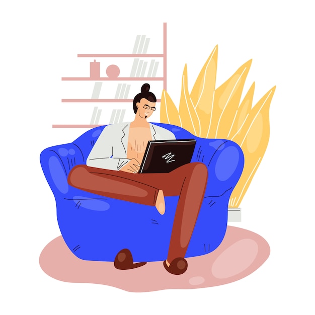 Freelance man work in comfortable cozy home office in armchair sofa flat illustration.