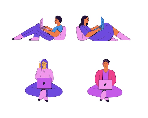 Freelance people sitting on the floor with laptops Freelance remote work concept Vector