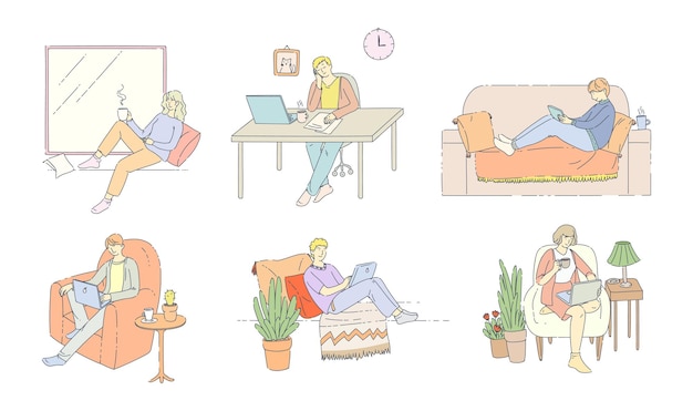 Freelance people work at home, comfortably organize their workspace, working and resting.