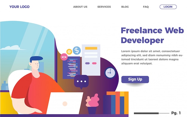 Freelance web developer landing page template. Men coding website illustration