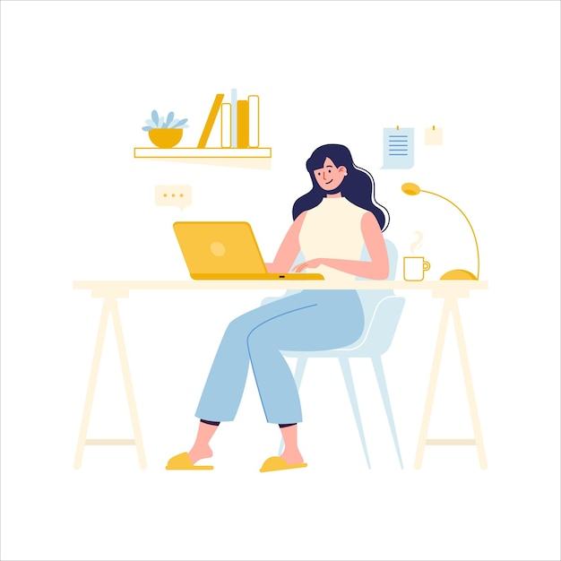 Freelance woman working at home Freelance remote work concept Vector illustration in flat style