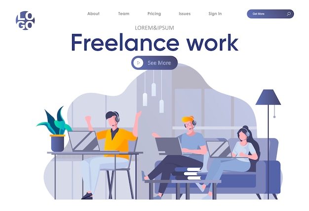 Freelance work landing page with header. Young developers team together working with laptops in coworking space scene. Remote work at company and self-employed occupation flat illustration.