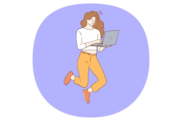 Freelance work and remote work concept Smiling young woman jumping holding laptop in hands working as freelancer having remote job vector illustration