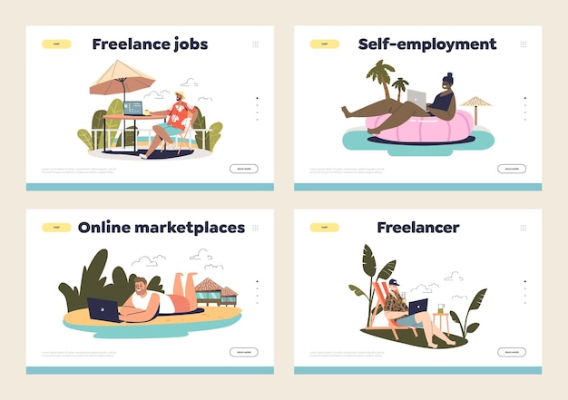 Freelance workers landing pages set with freelancer men and women on outsource work on beach