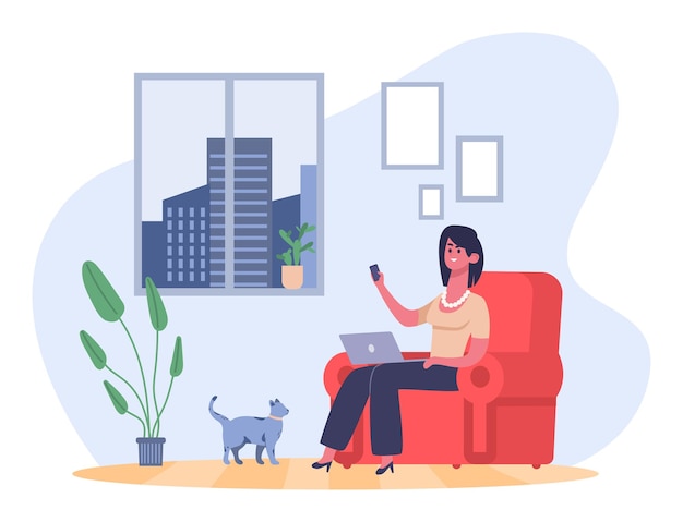 Vector freelance working person concept businesswoman sitting in armchair with laptop and smartphone female character