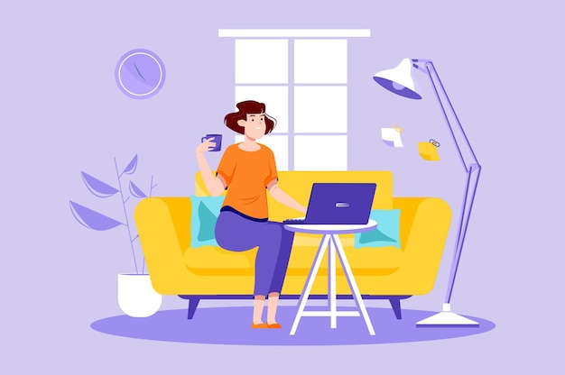 Freelance working violet concept with people scene in the cartoon design A woman works on a laptop