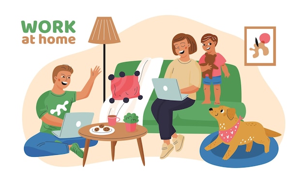 Freelancer characters works at home office Happy couple with child Freelance job in comfortable cozy conditions Self employed people Man and woman with laptops Garish vector concept