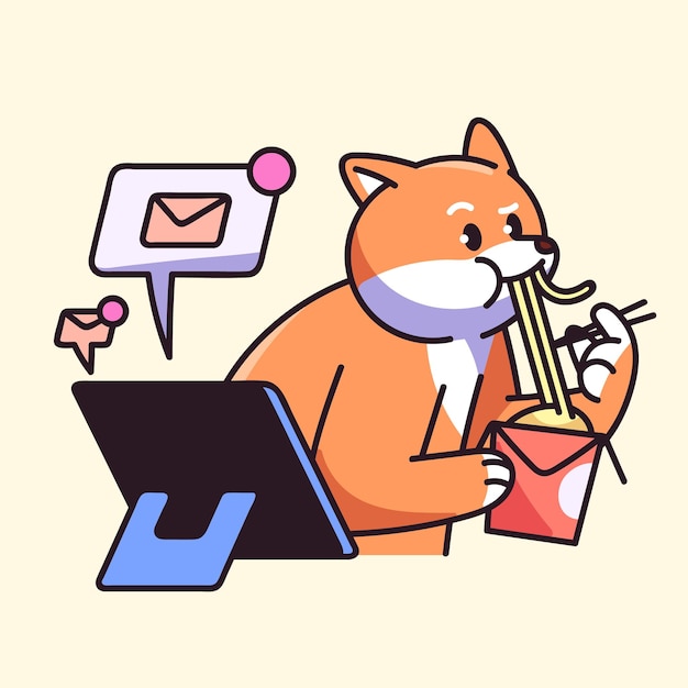 Freelancer eating Asian food noodles with chopstick concept Cute Shiba get notification from messenger dog with Japanese Chinese cuisine puppy rest on freelance Flat isolated vector illustration