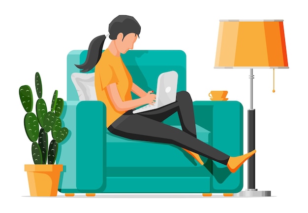 Freelancer girl in armchair works at home.