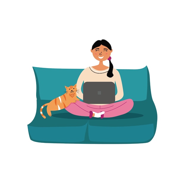 Freelancer girl sitting laptop remote work cat couch