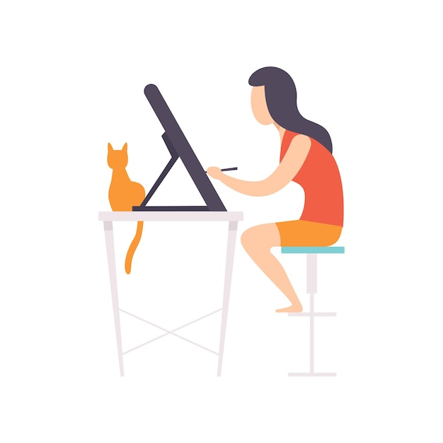 Freelancer girl working at home remote working freelance working at home concept outsourced employee web designer vector Illustration isolated on a white background