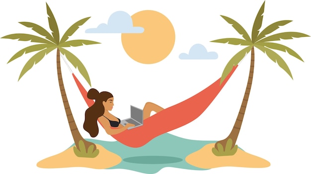 Vector freelancer lying in a hammock, relaxing in the sea, working online on a laptop. outsourcing, freelan