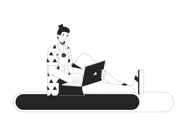 Freelancer with laptop on black white error 404 flash message Remote work on vacation Monochrome empty state ui design Page not found popup cartoon image Vector flat outline illustration concept