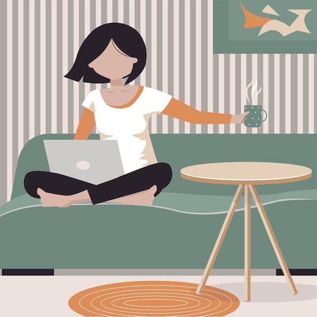 Freelancer working at home Abstract young woman sitting on sofa with a laptop in her cozy room