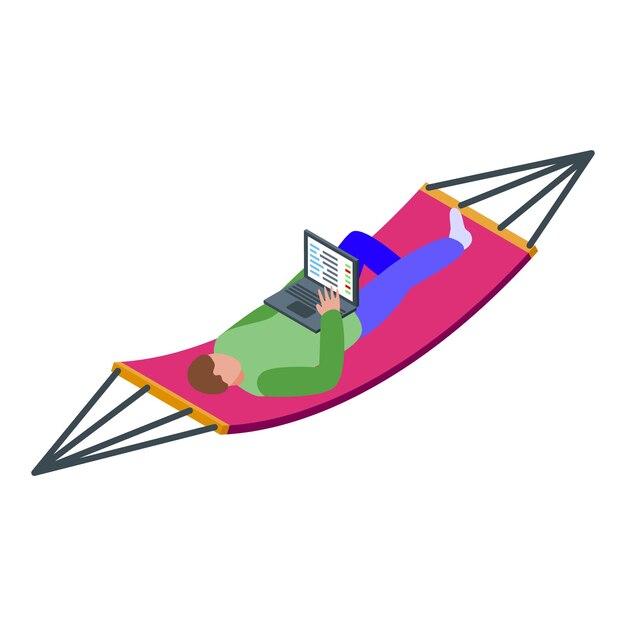 Freelancer working remotely lying on hammock using laptop