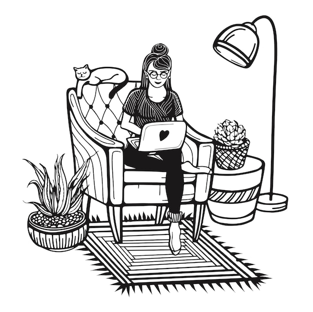 Freelancer works from home A girl working at home during the coronavirus pandemic Online business Work from home office modern vector illustration in Doodle style Remote work Cozy home interior