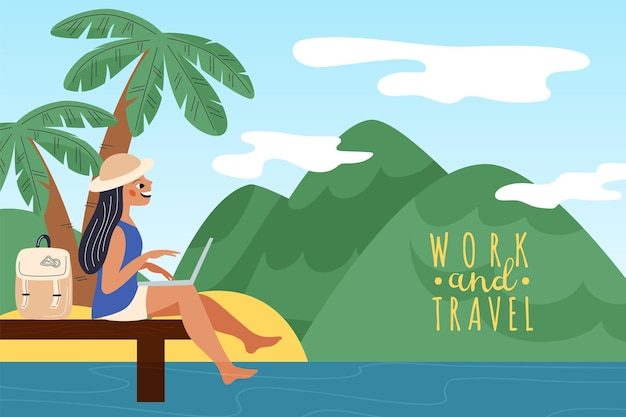 Freelancer works outdoor Girl working by sea Free atmosphere Woman with laptop on tropical beach Professional occupation on nature Remote job in relaxing pose Garish vector concept