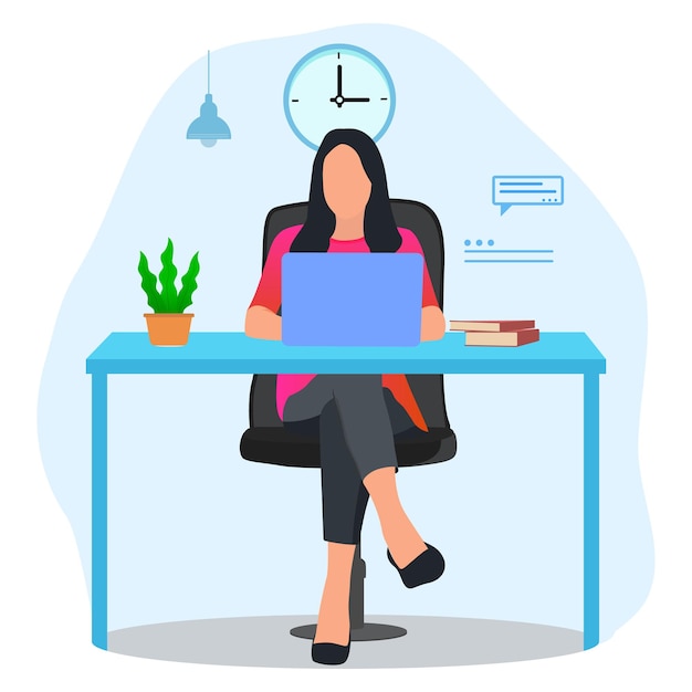 Freelancer Young woman sitting on the Chair working with laptop at home, flat illustration vector