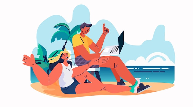 Freelancers couple using laptop on tropical beach summer vacation holiday time to travel concept horizontal