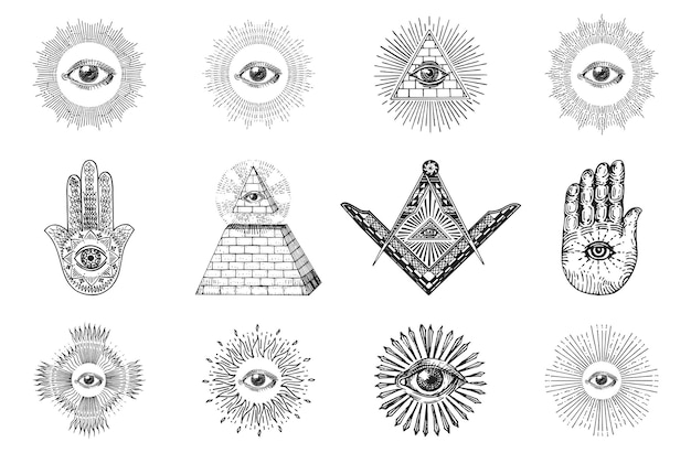 Freemasonry symbols set in vector drawn sketches