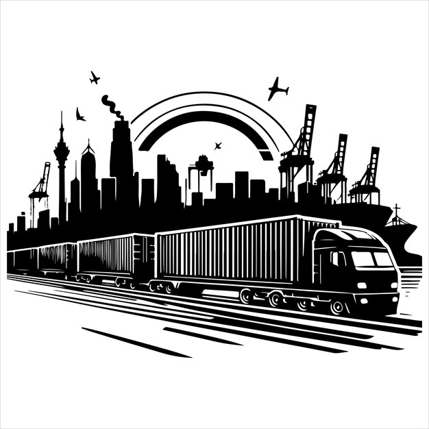 Vector freight carrier cargo train silhouette art black colour vactor