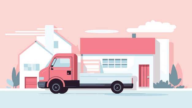 Freight Truck on City Street Next to Skyscrapers and City Apartments Flat Style Vector Illustration