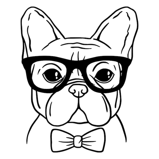 French bulldog black and white hand drawn portrait Dog head with glasses and  bowtie