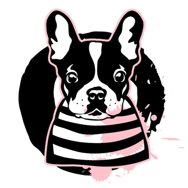 French bulldog. Cute black and white dog in a striped sweater. Vector illustration