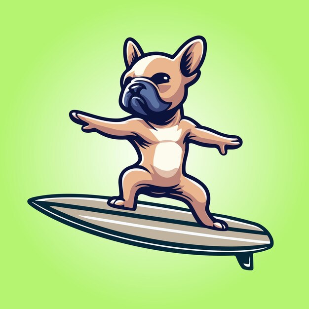 Vector french bulldog dog playing surfboards dog surfing vector illustration