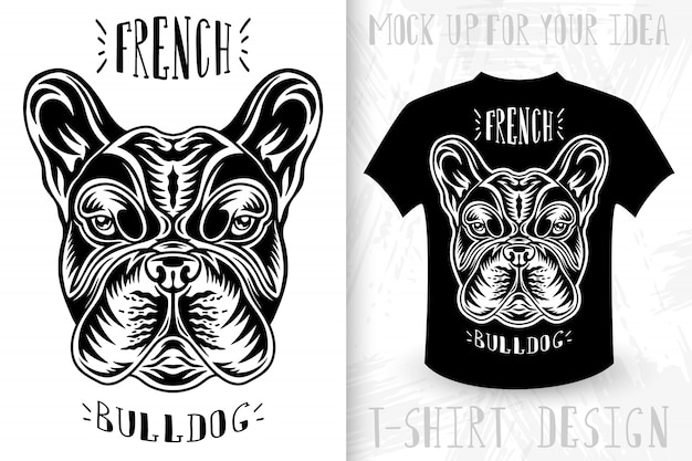 French bulldog face.  t-shirt print in vintage monochrome style.