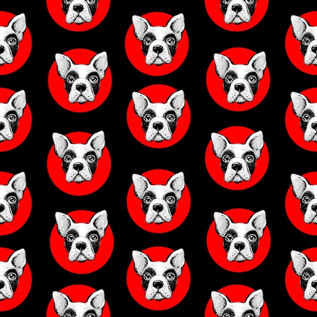 French bulldog seamless pattern, wrapping paper, fabrik print. Vector illustration. Hand drawn funny dogs