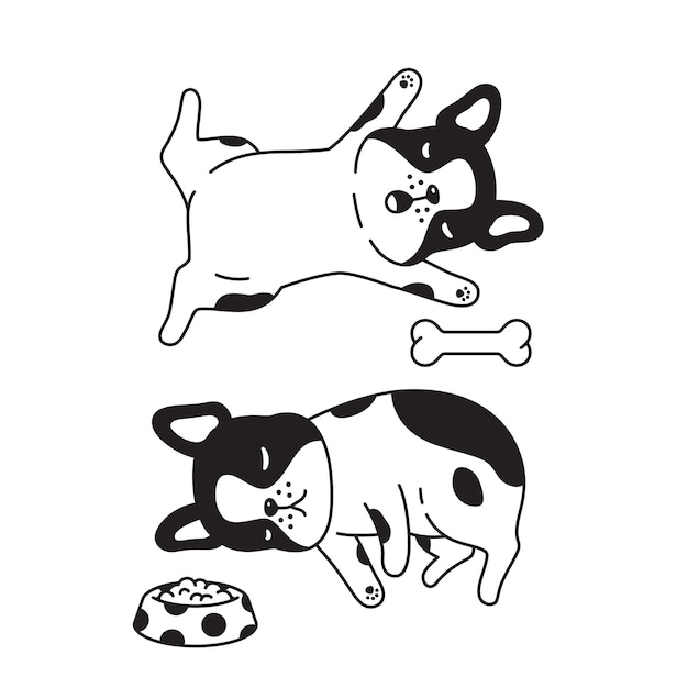 french bulldog sleeping with bone food bowl cartoon