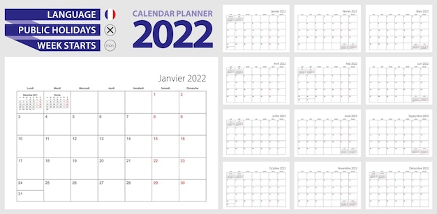 French calendar planner for 2022. French language, week starts from Monday.