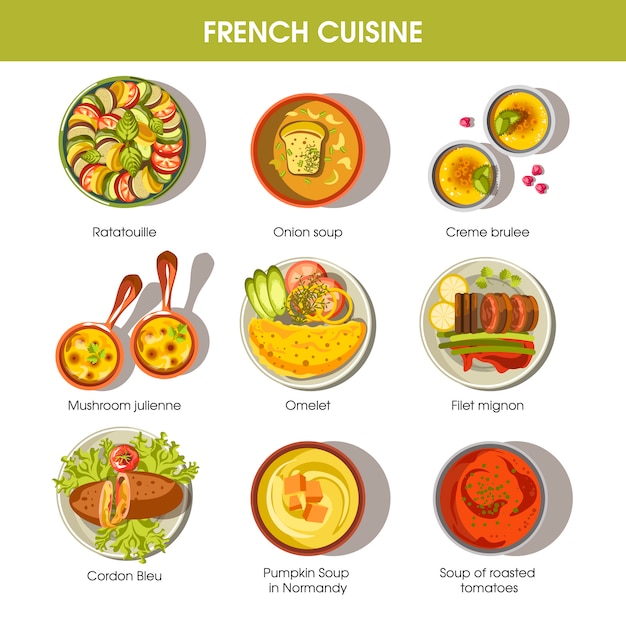 French cuisine food dishes for menu vector templates