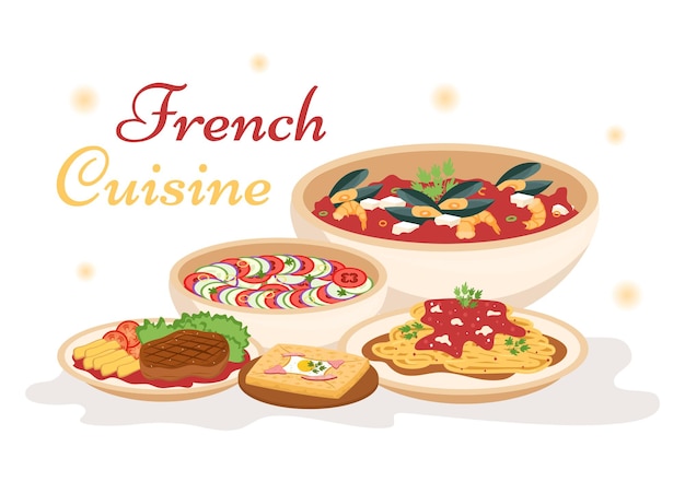 French Cuisine Restaurant with Various Traditional or National Food Dish of France on Illustration