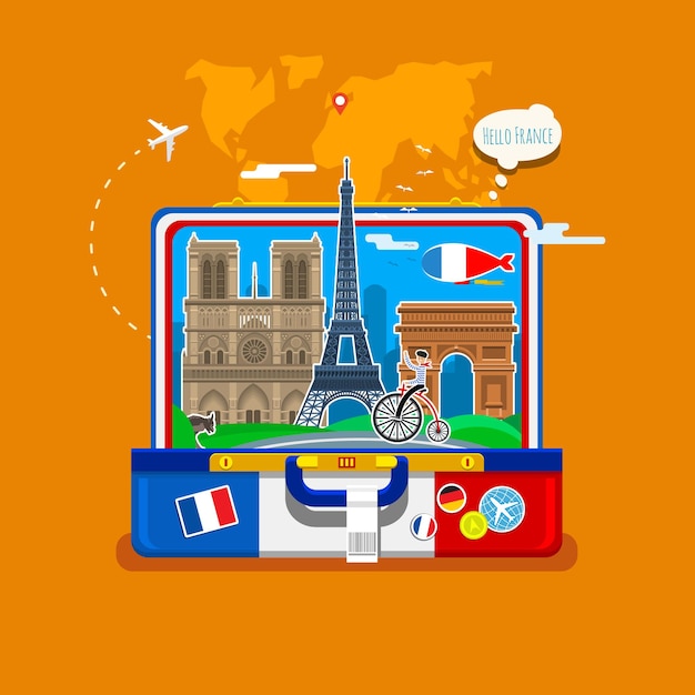 french flag with landmarks in open suitcase