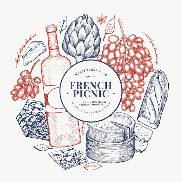 French food illustration design template. Engraved style different snack and wine banner. Vintage food background.