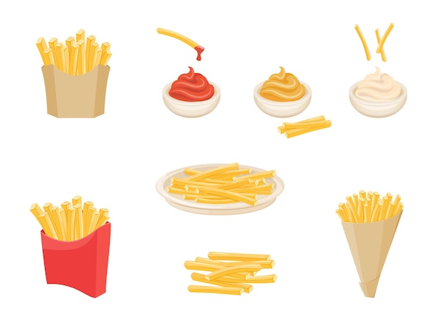 French fries in box Fried potatoes potato chips on plate and paper cone fast food red cardboard dipping sauce ketchup mayonnaise and mustard cartoon set exact vector