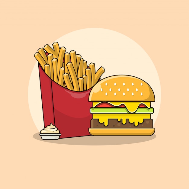 French fries and burger with mayonnaise illustration. fast food clipart concept isolated. flat cartoon style vector