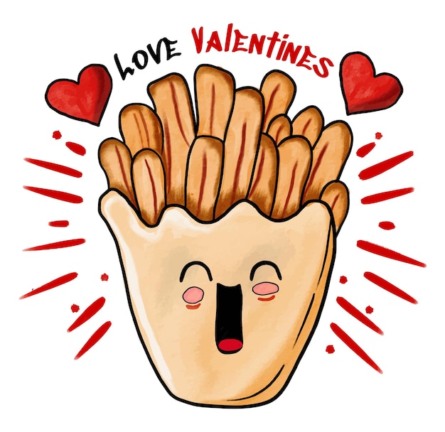 French fries cute cartoon clipart valentines love concept hand drawn