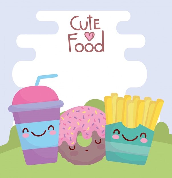 French fries donut and disposable cup menu character cartoon food cute