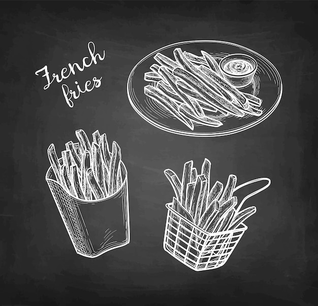 French fries. Fried potatoes. Chalk sketch on blackboard background. Hand drawn illustration.