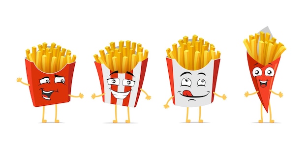 French fries funny smiling cartoon character set roasted potatoes cute happy face expression mascot