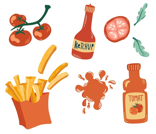 French fries and ketchup tomato sauce Fast food roasted potato chips potatoes ketchup stain tomatoes Menu card delicious fast food tasty unhealthy lunch Vector cartoon illustration