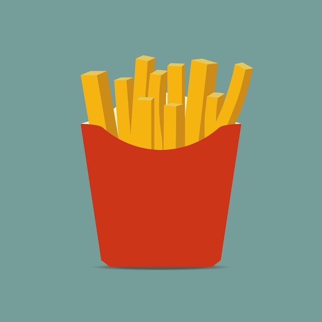 French fries in paper box. Potato of fast food in a red package. Vector illustration.