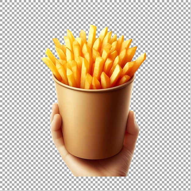 French fries in a paper cup on a transparent background