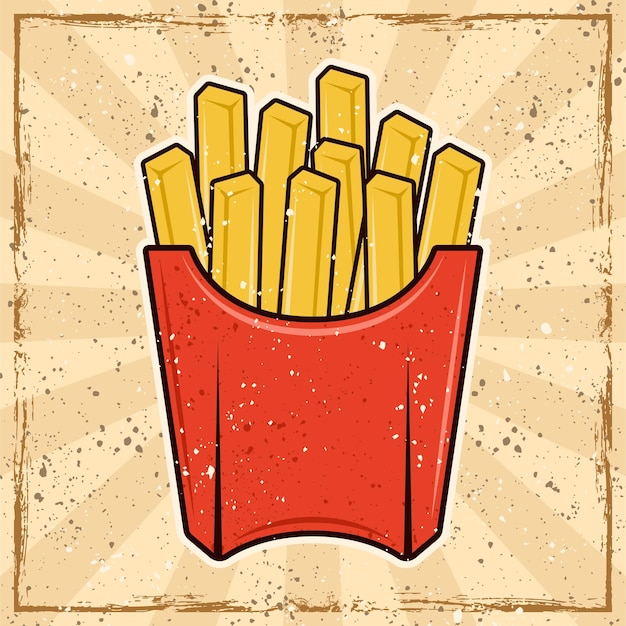 French fries potatoes colored retro banner on background with rays and grunge textures on separate layers