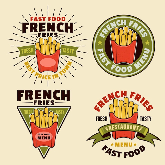 French fries set of four vector colorful emblems badges labels stickers or logos in cartoon style on light background