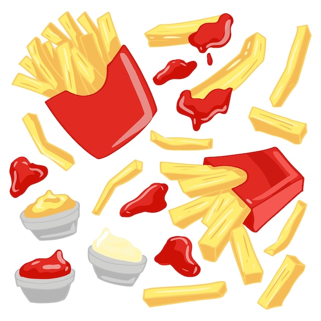 Vector french fries set potato sticks in paper cones ketchup mayo mustard sauces isolated on white